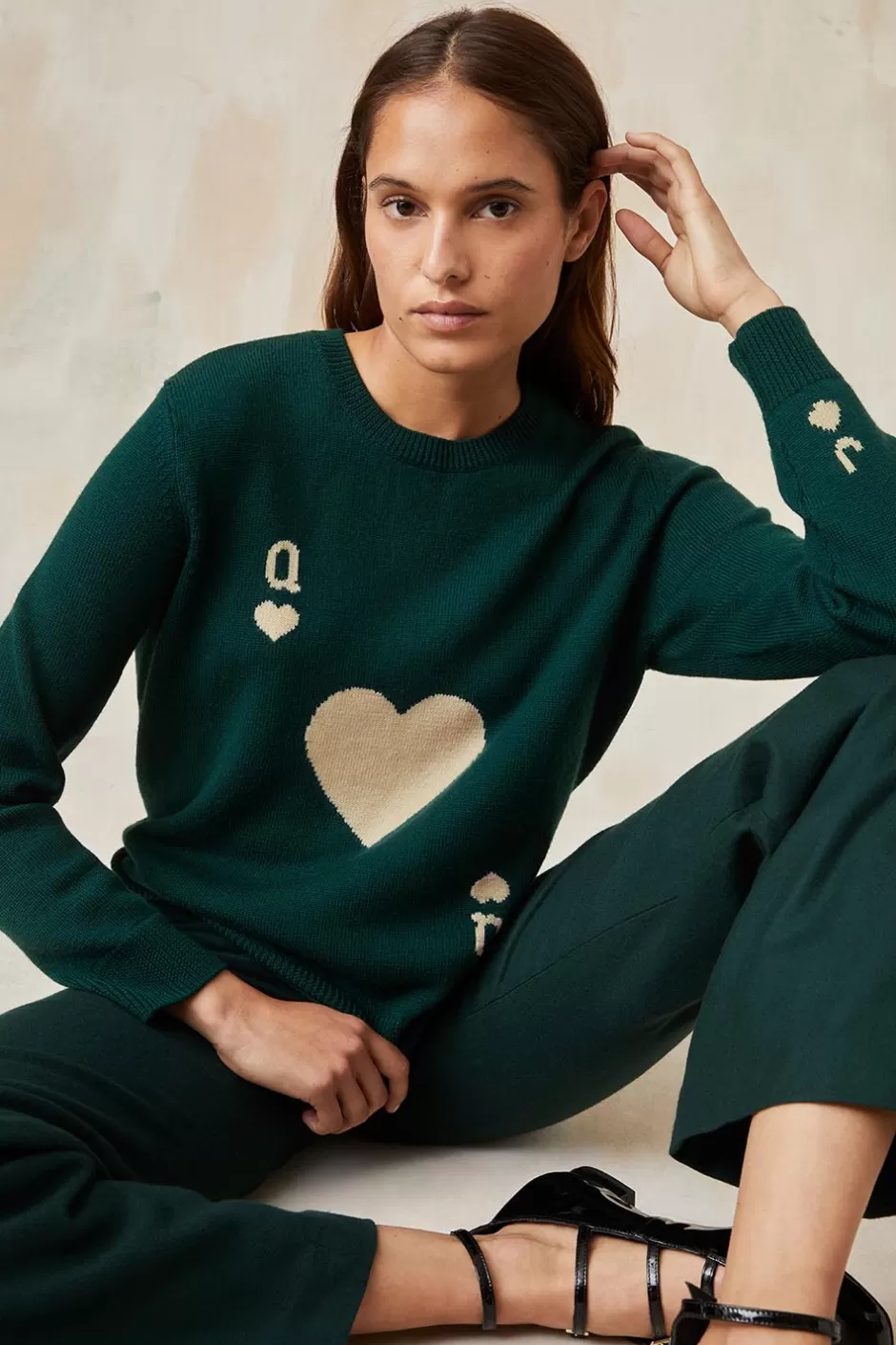 Soi Paris Pull Dame de Cœur Vert en Laine IMPRIMÉS Outlet